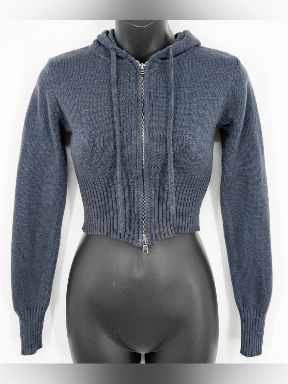 Edikted Cropped Hooded Zip-Up Sweater Navy Blue Womens Extra Small Lounge Knit